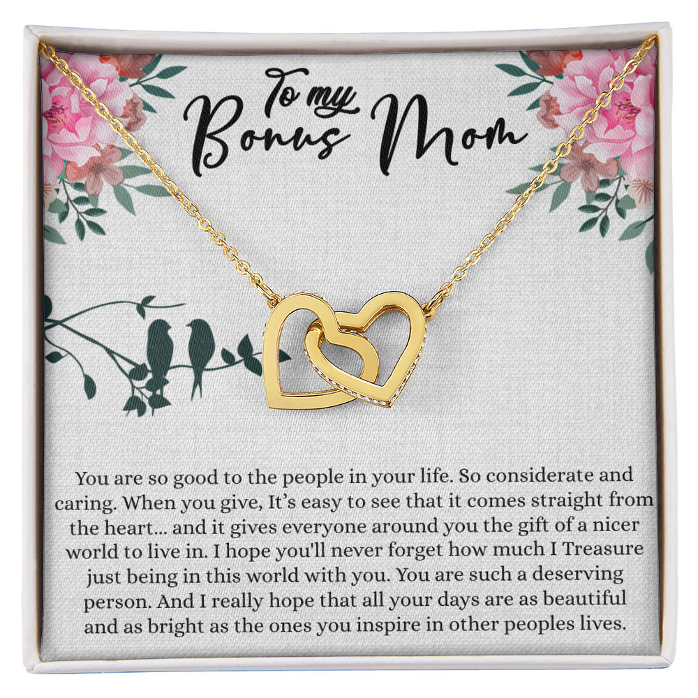 Bonus Mom Gift For Mothers Day, Bonus Mom Necklace, I Treasure Being With You - Interlocking Hearts Necklace With Inspiring Message Card