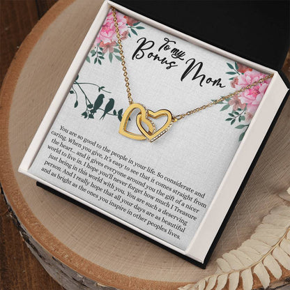 Bonus Mom Gift For Mothers Day, Bonus Mom Necklace, I Treasure Being With You - Interlocking Hearts Necklace With Inspiring Message Card