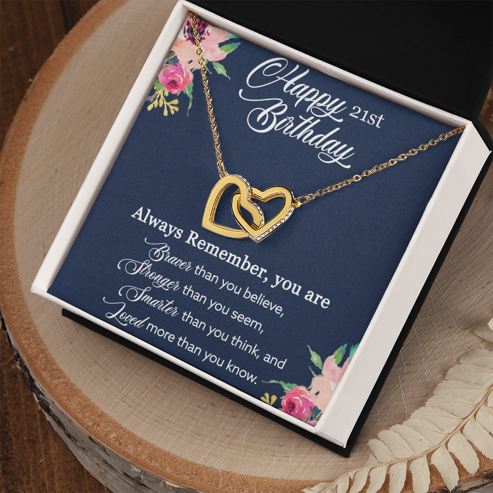 21st Birthday Gift, Happy 21st Birthday, Birthday Gift For Her, You Are Braver And Loved - Interlocking Hearts Necklace With Birthday Greeting Card by Best Gifts 305