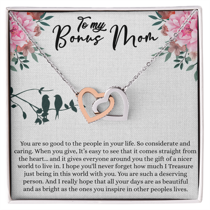 Bonus Mom Gift For Mothers Day, Bonus Mom Necklace, I Treasure Being With You - Interlocking Hearts Necklace With Inspiring Message Card