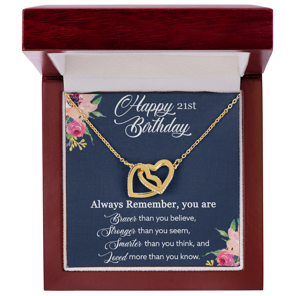 21st Birthday Gift, Happy 21st Birthday, Birthday Gift For Her, You Are Braver And Loved - Interlocking Hearts Necklace With Birthday Greeting Card by Best Gifts 305