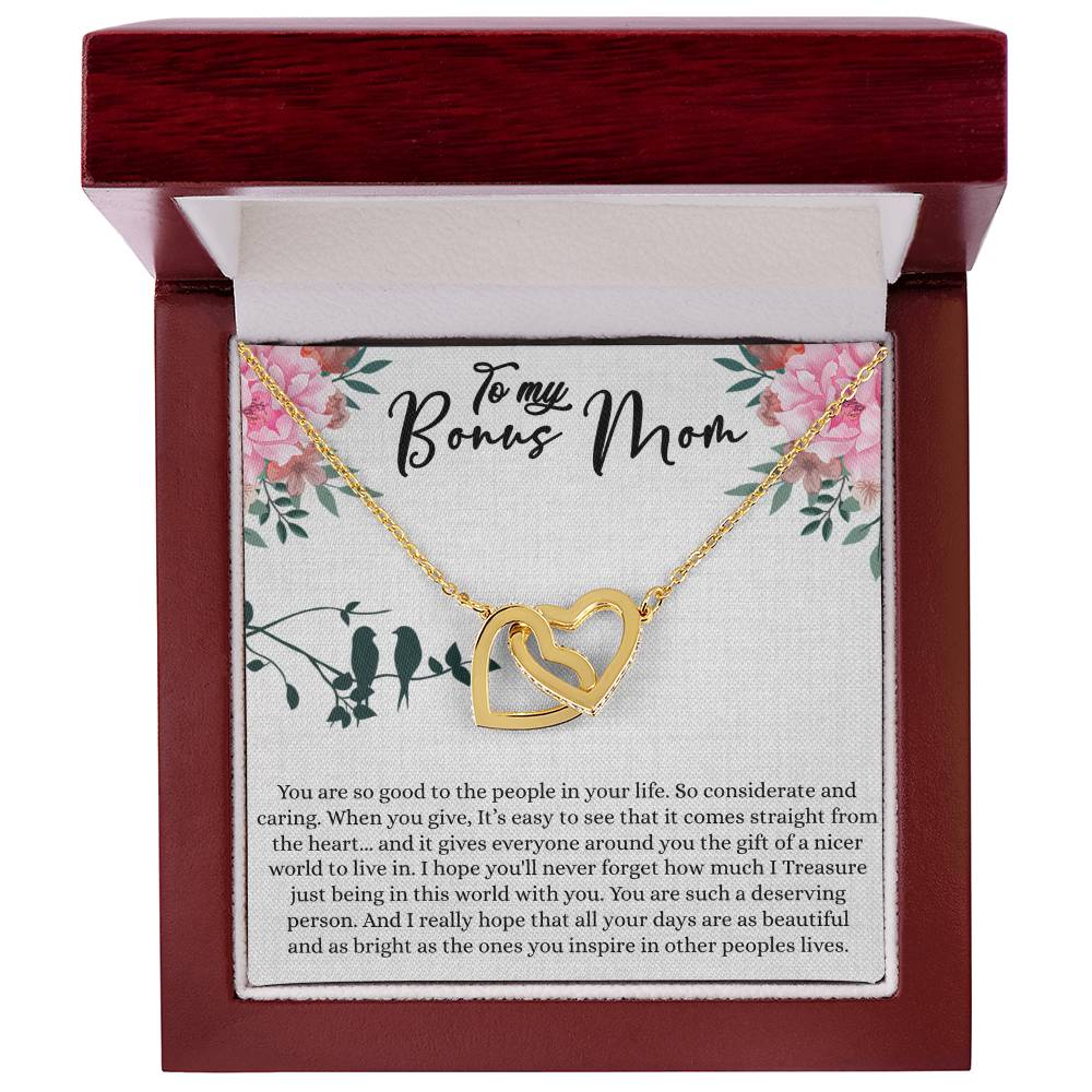 Bonus Mom Gift For Mothers Day, Bonus Mom Necklace, I Treasure Being With You - Interlocking Hearts Necklace With Inspiring Message Card