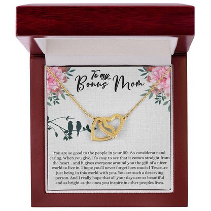 Bonus Mom Gift For Mothers Day, Bonus Mom Necklace, I Treasure Being With You - Interlocking Hearts Necklace With Inspiring Message Card