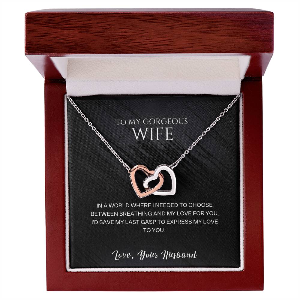 To My Gorgeous Wife Interlocking Hearts Necklace - CZ Crystals - Surgical Steel or Gold Finish - Adjustable Chain - Perfect Gift for Anniversary, Birthday, or Valentine's Day