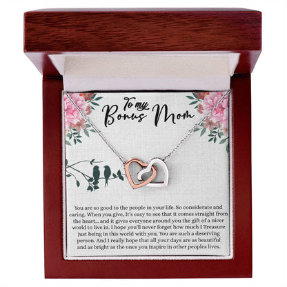 Bonus Mom Gift For Mothers Day, Bonus Mom Necklace, I Treasure Being With You - Interlocking Hearts Necklace With Inspiring Message Card