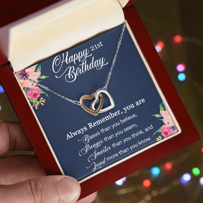 21st Birthday Gift, Happy 21st Birthday, Birthday Gift For Her, You Are Braver And Loved - Interlocking Hearts Necklace With Birthday Greeting Card by Best Gifts 305
