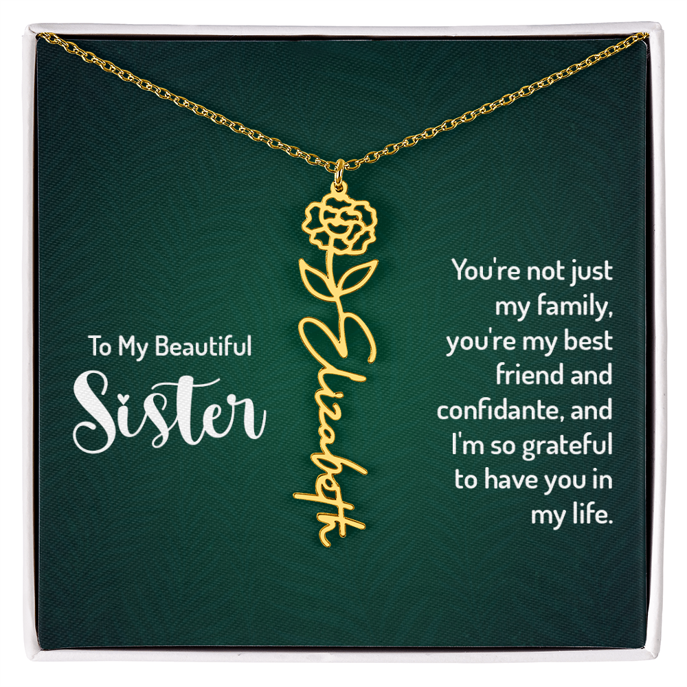 Sister Flower Name Necklace – Personalized Birth Flower Jewelry Gift with Quote Card