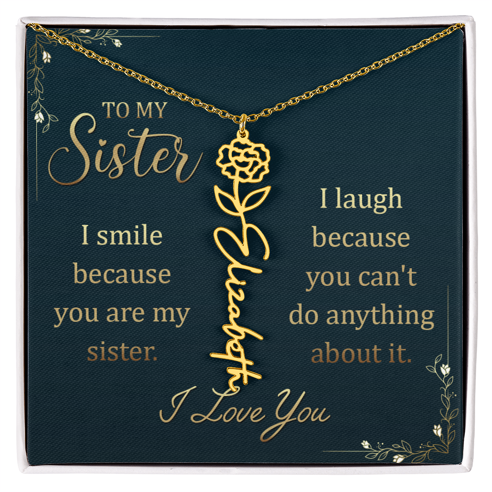 Flower Name Necklace for Sister – Custom Birth Flower Jewelry Gift with Funny Quote Card, Personalized Jewelry for Her