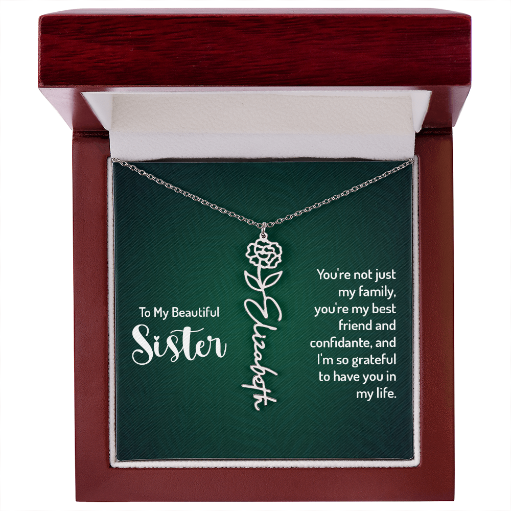 Sister Flower Name Necklace – Personalized Birth Flower Jewelry Gift with Quote Card
