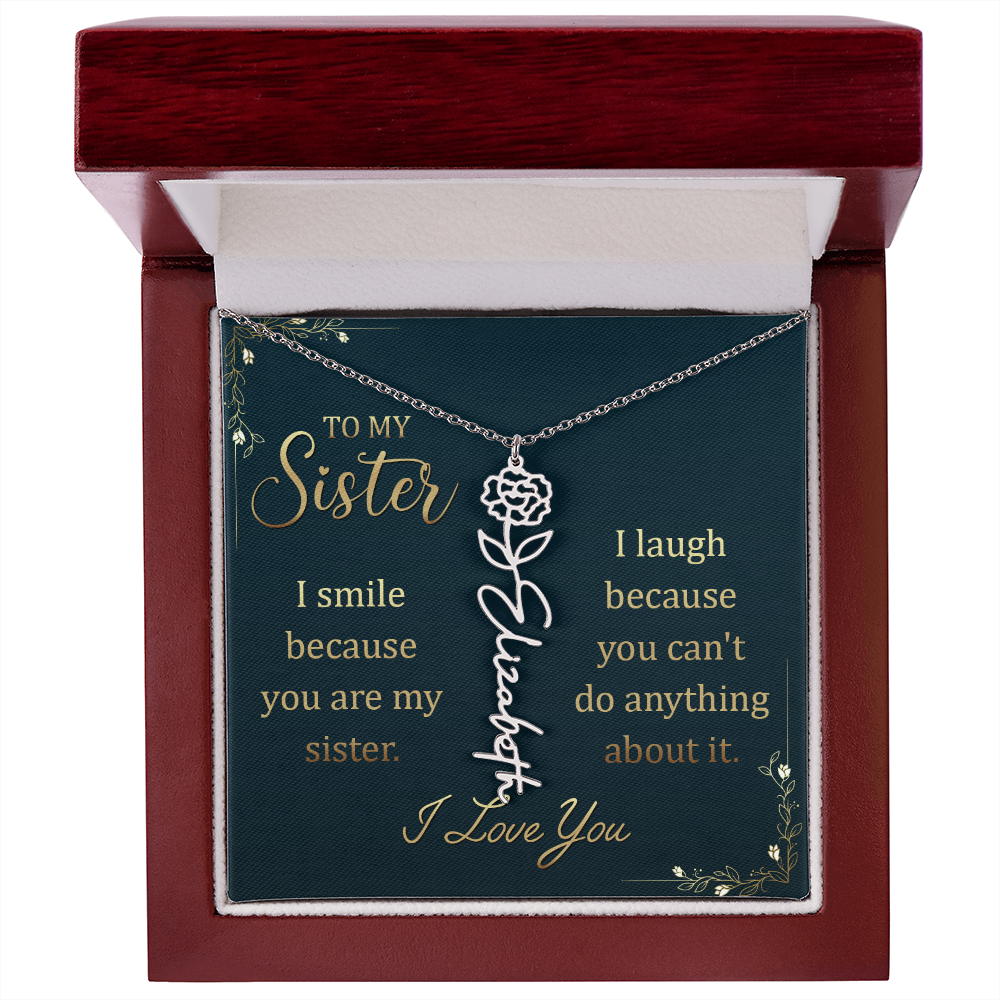 Flower Name Necklace for Sister – Custom Birth Flower Jewelry Gift with Funny Quote Card, Personalized Jewelry for Her
