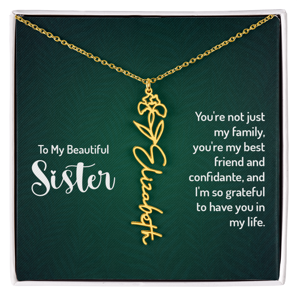 Sister Flower Name Necklace – Personalized Birth Flower Jewelry Gift with Quote Card