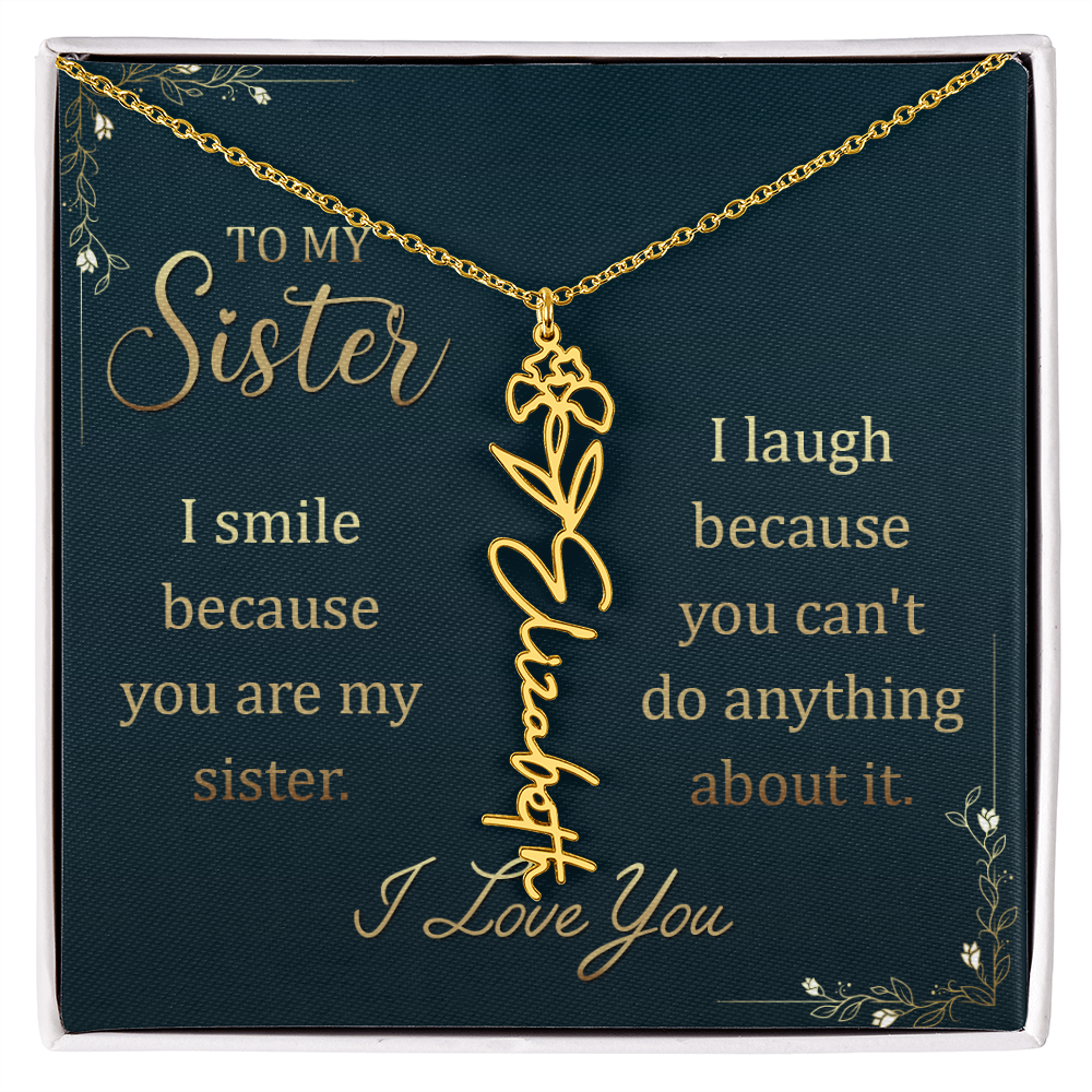 Flower Name Necklace for Sister – Custom Birth Flower Jewelry Gift with Funny Quote Card, Personalized Jewelry for Her