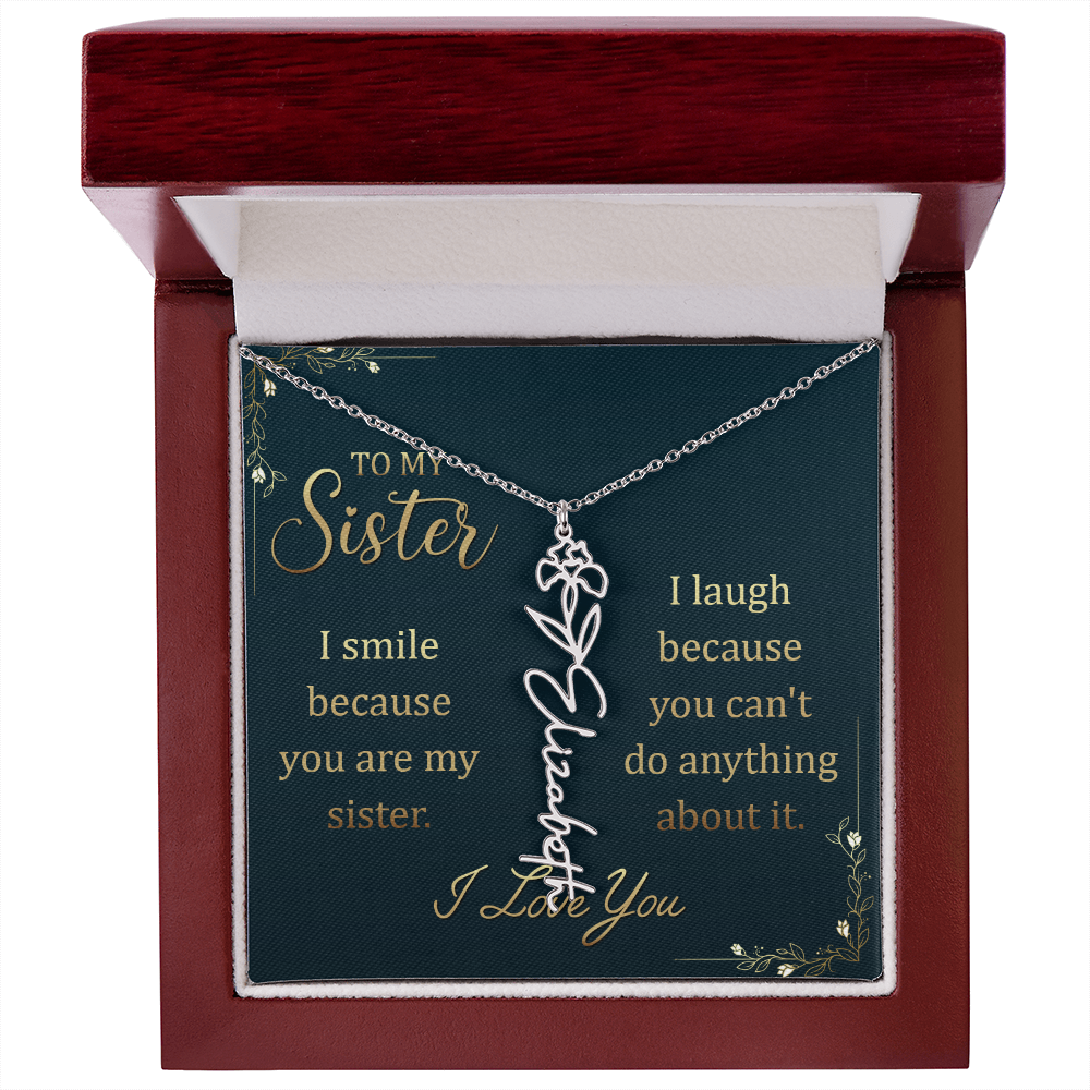 Flower Name Necklace for Sister – Custom Birth Flower Jewelry Gift with Funny Quote Card, Personalized Jewelry for Her