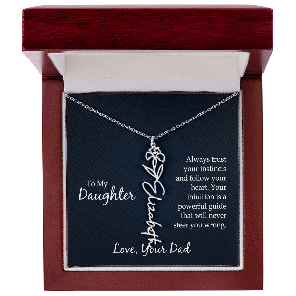 Personalized Daughter Necklace Gift from Dad, Birth Flower Name Jewelry for Her Birthday or Christmas