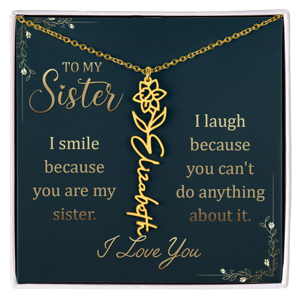 Flower Name Necklace for Sister – Custom Birth Flower Jewelry Gift with Funny Quote Card, Personalized Jewelry for Her
