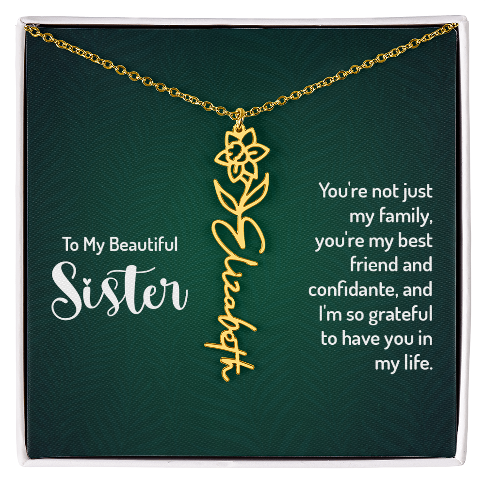 Sister Flower Name Necklace – Personalized Birth Flower Jewelry Gift with Quote Card