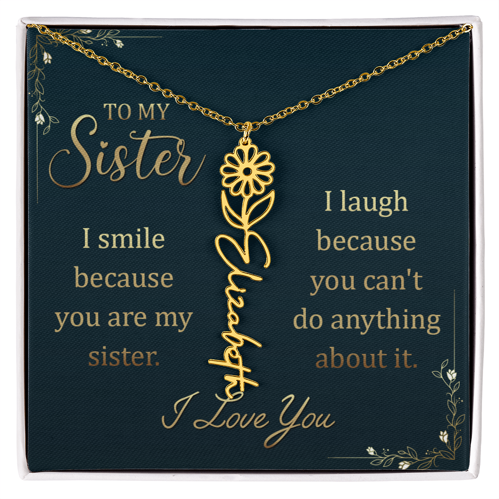 Flower Name Necklace for Sister – Custom Birth Flower Jewelry Gift with Funny Quote Card, Personalized Jewelry for Her