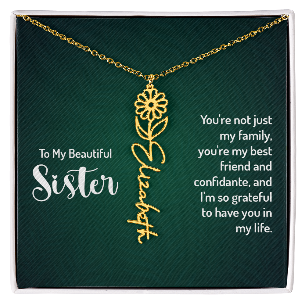 Sister Flower Name Necklace – Personalized Birth Flower Jewelry Gift with Quote Card