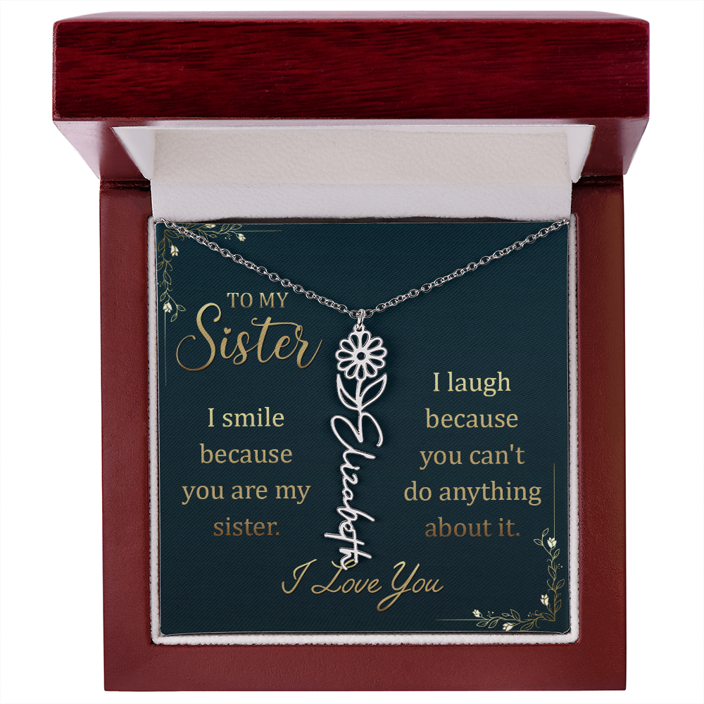 Flower Name Necklace for Sister – Custom Birth Flower Jewelry Gift with Funny Quote Card, Personalized Jewelry for Her
