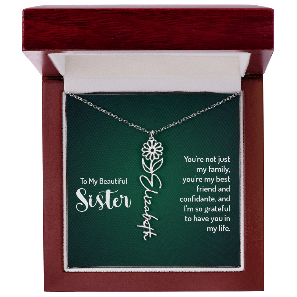 Sister Flower Name Necklace – Personalized Birth Flower Jewelry Gift with Quote Card