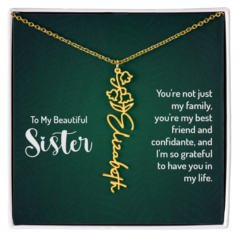 Sister Flower Name Necklace – Personalized Birth Flower Jewelry Gift with Quote Card