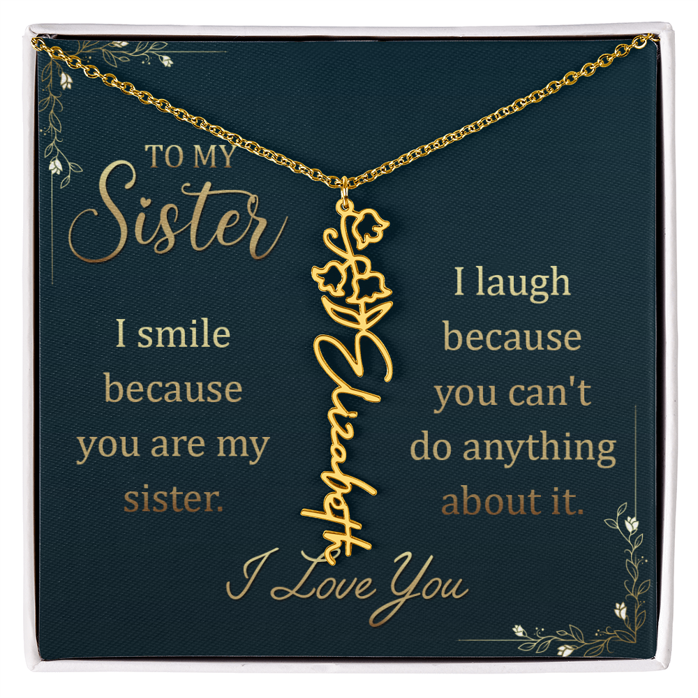Flower Name Necklace for Sister – Custom Birth Flower Jewelry Gift with Funny Quote Card, Personalized Jewelry for Her