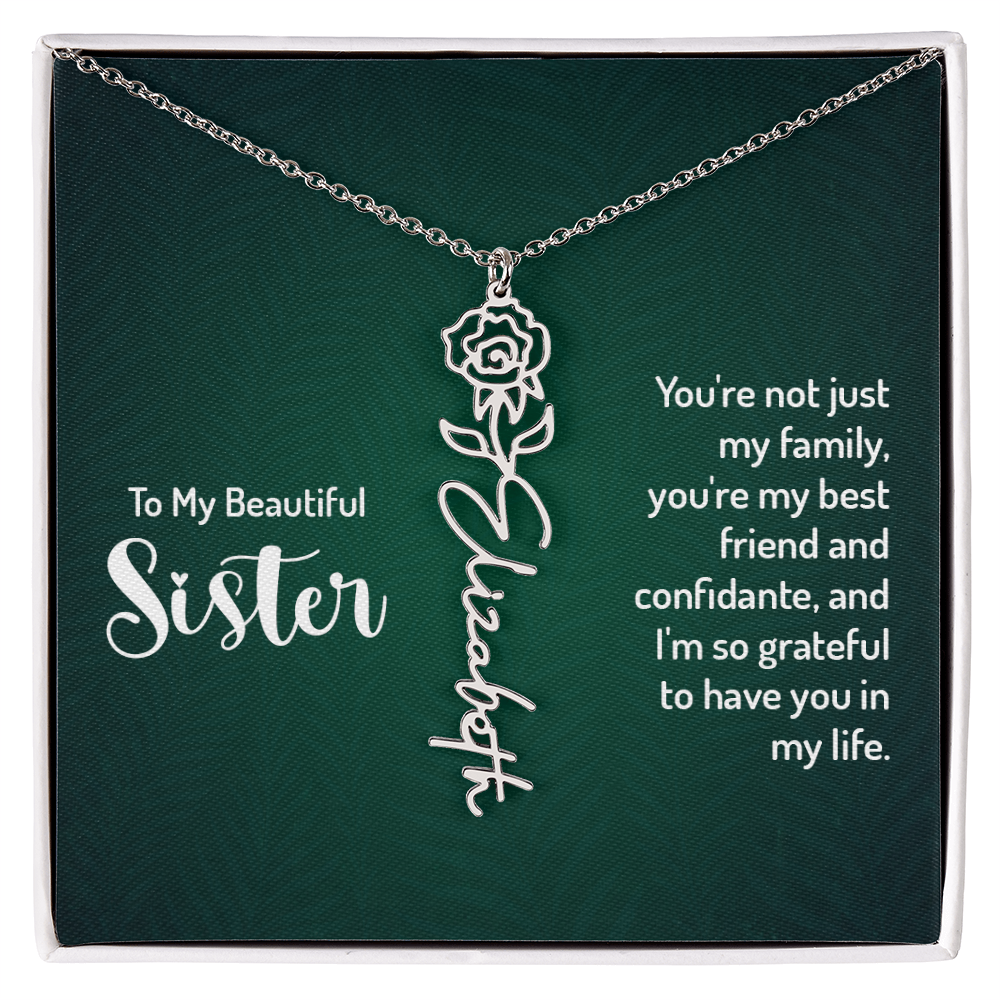 Sister Flower Name Necklace – Personalized Birth Flower Jewelry Gift with Quote Card