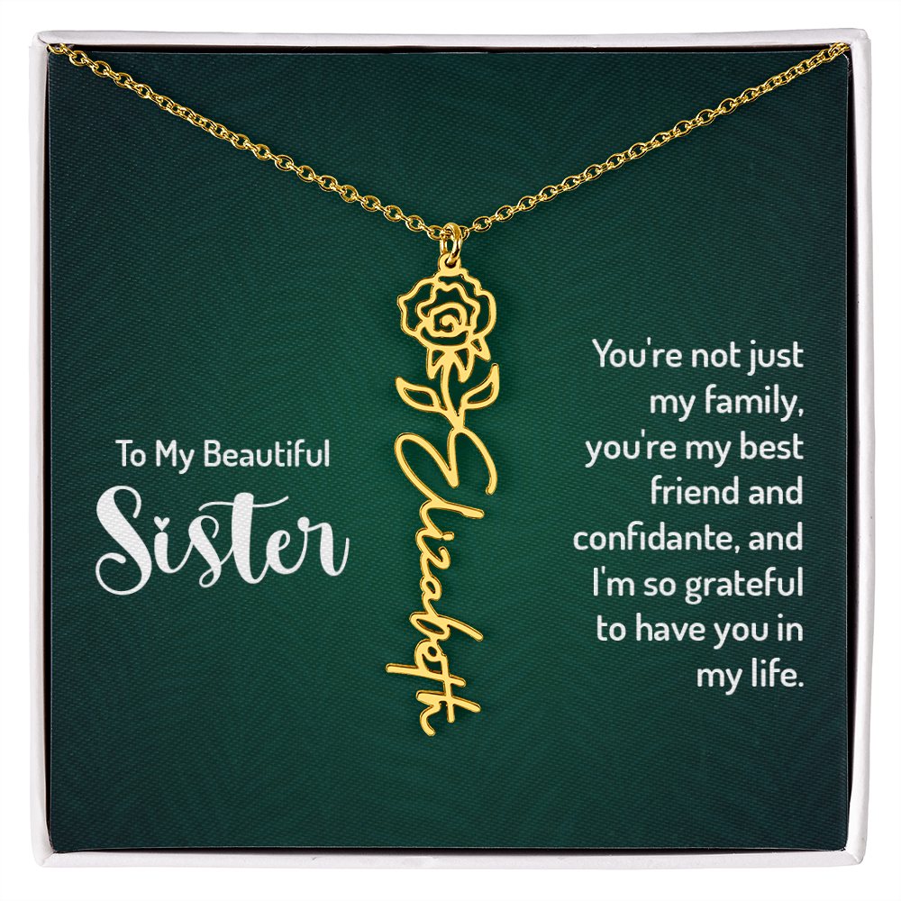 Sister Flower Name Necklace – Personalized Birth Flower Jewelry Gift with Quote Card