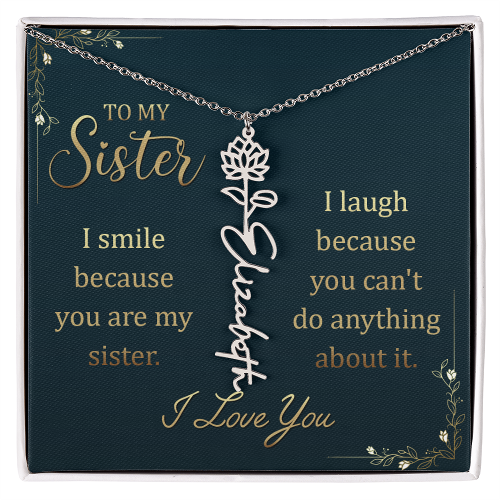 Flower Name Necklace for Sister – Custom Birth Flower Jewelry Gift with Funny Quote Card, Personalized Jewelry for Her