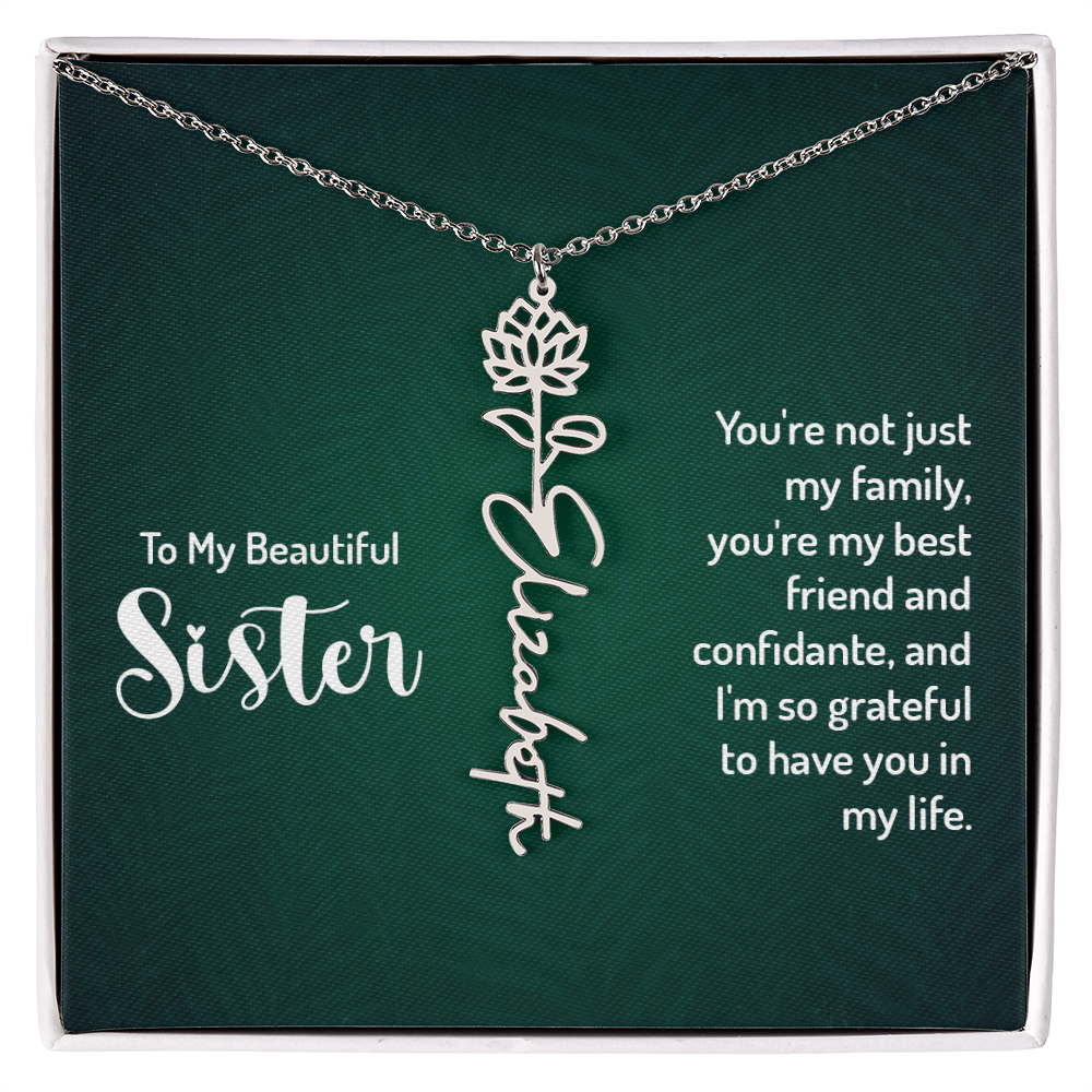 Sister Flower Name Necklace – Personalized Birth Flower Jewelry Gift with Quote Card