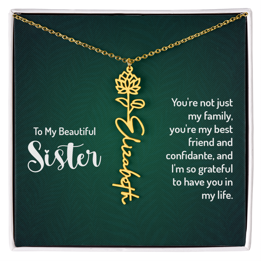 Sister Flower Name Necklace – Personalized Birth Flower Jewelry Gift with Quote Card