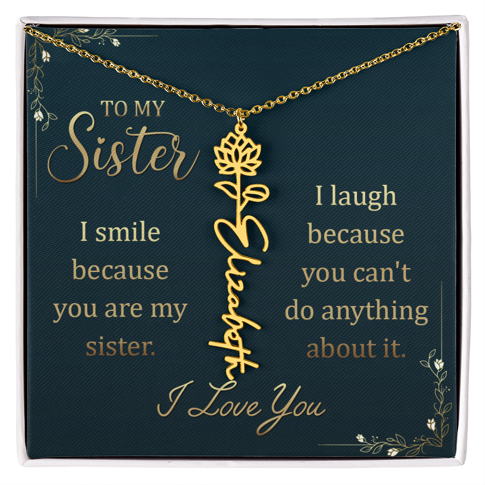 Flower Name Necklace for Sister – Custom Birth Flower Jewelry Gift with Funny Quote Card, Personalized Jewelry for Her
