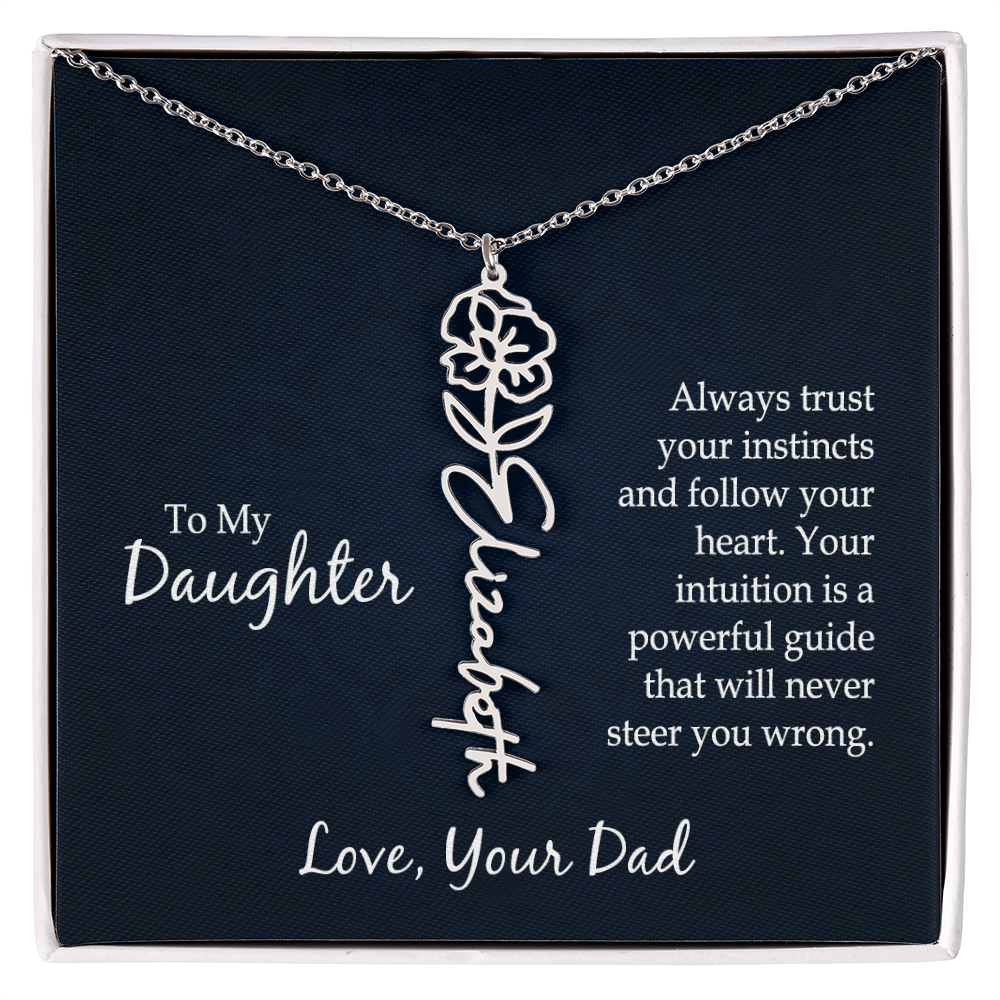 Personalized Daughter Necklace Gift from Dad, Birth Flower Name Jewelry for Her Birthday or Christmas