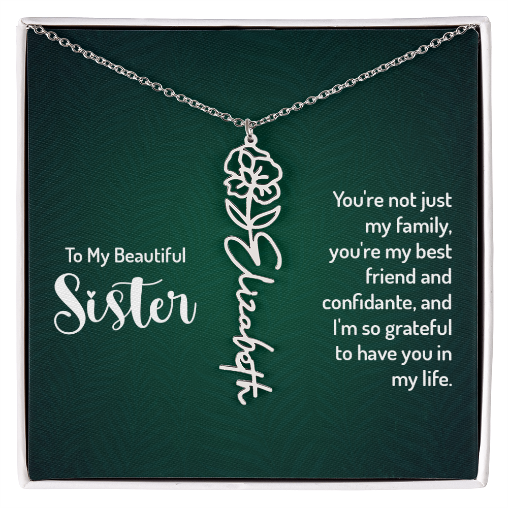 Sister Flower Name Necklace – Personalized Birth Flower Jewelry Gift with Quote Card