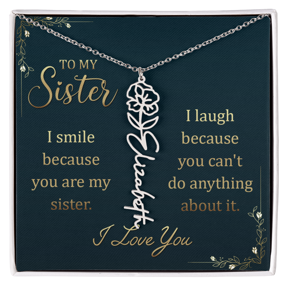 Flower Name Necklace for Sister – Custom Birth Flower Jewelry Gift with Funny Quote Card, Personalized Jewelry for Her