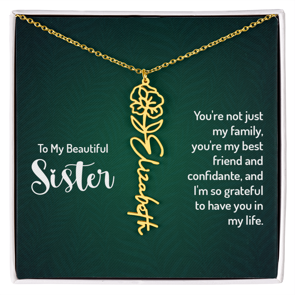 Sister Flower Name Necklace – Personalized Birth Flower Jewelry Gift with Quote Card