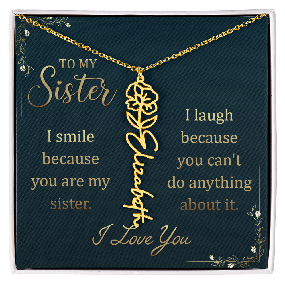 Flower Name Necklace for Sister – Custom Birth Flower Jewelry Gift with Funny Quote Card, Personalized Jewelry for Her