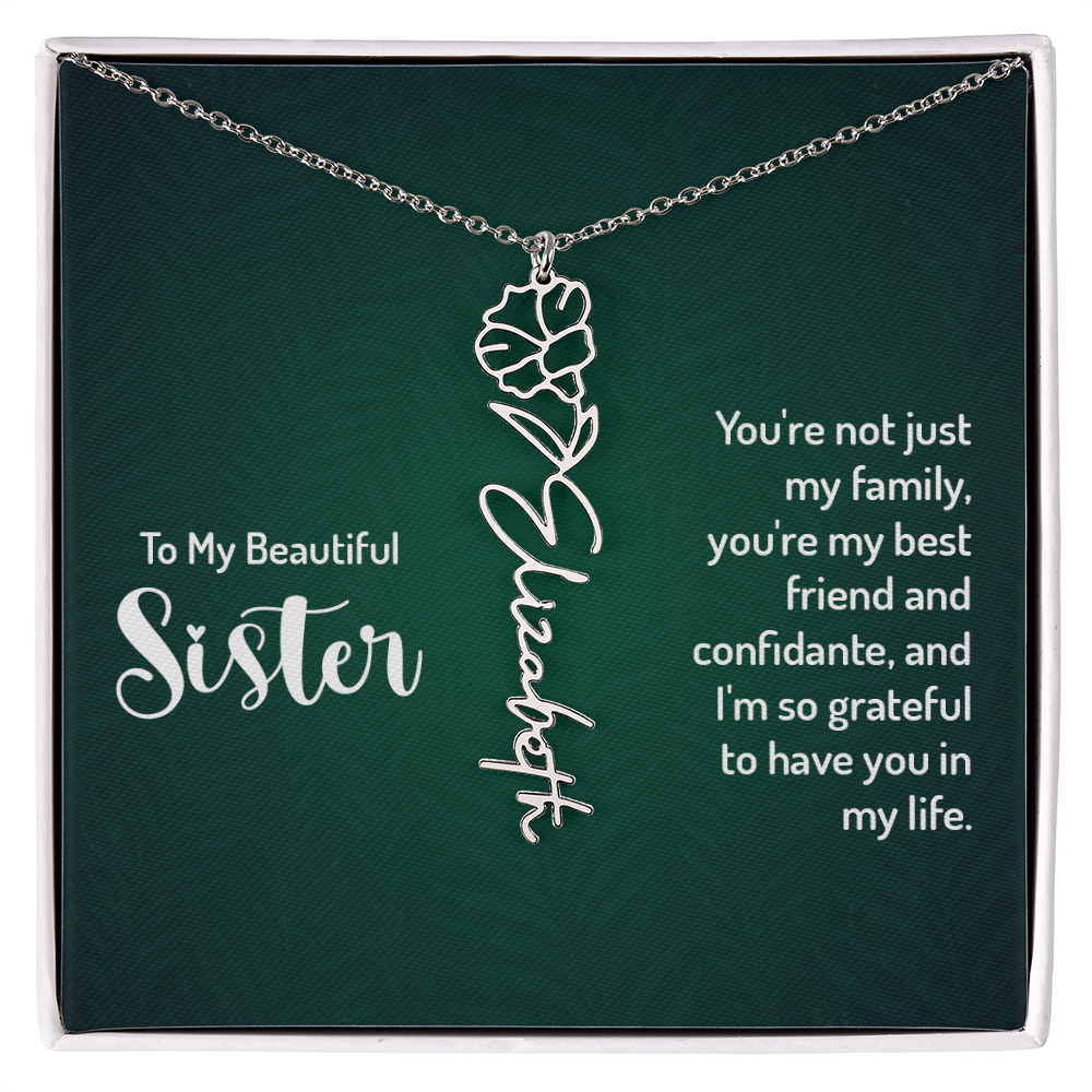 Sister Flower Name Necklace – Personalized Birth Flower Jewelry Gift with Quote Card