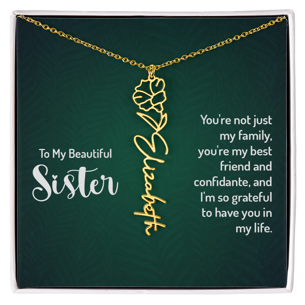 Sister Flower Name Necklace – Personalized Birth Flower Jewelry Gift with Quote Card