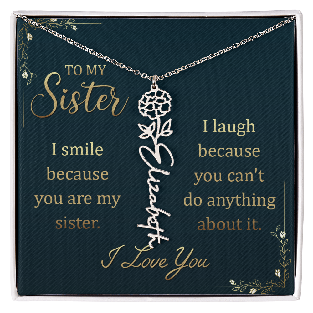 Flower Name Necklace for Sister – Custom Birth Flower Jewelry Gift with Funny Quote Card, Personalized Jewelry for Her