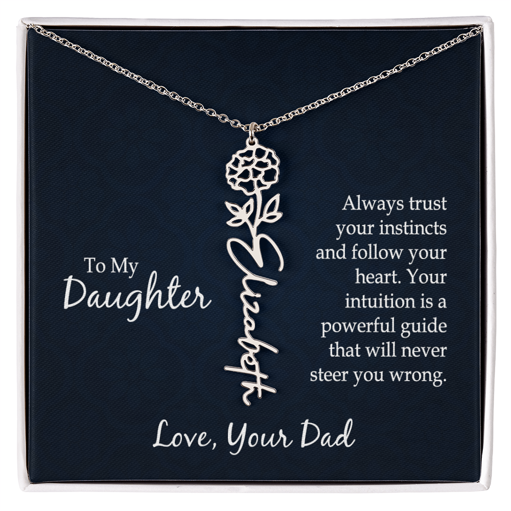 Personalized Daughter Necklace Gift from Dad, Birth Flower Name Jewelry for Her Birthday or Christmas