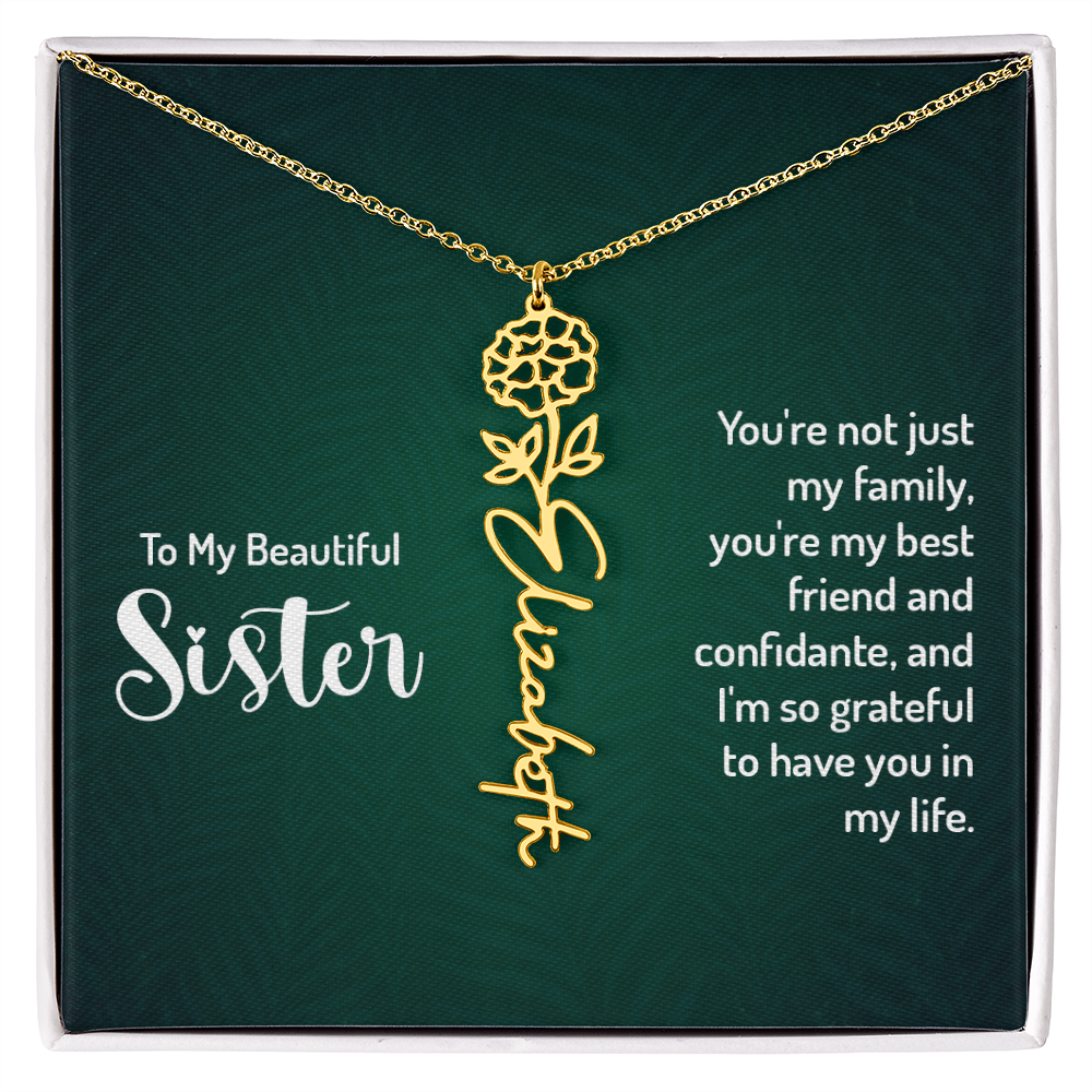 Sister Flower Name Necklace – Personalized Birth Flower Jewelry Gift with Quote Card