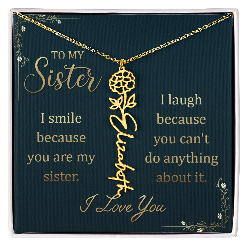 Flower Name Necklace for Sister – Custom Birth Flower Jewelry Gift with Funny Quote Card, Personalized Jewelry for Her