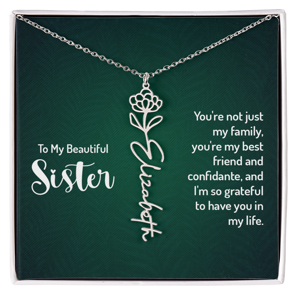 Sister Flower Name Necklace – Personalized Birth Flower Jewelry Gift with Quote Card