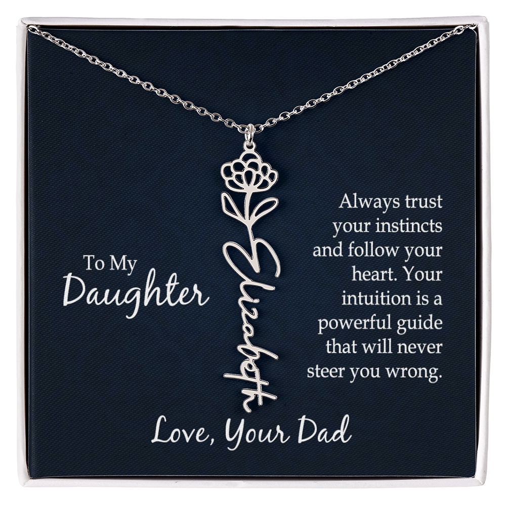 Personalized Daughter Necklace Gift from Dad, Birth Flower Name Jewelry for Her Birthday or Christmas