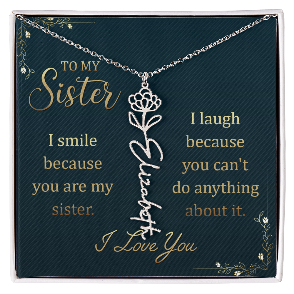 Flower Name Necklace for Sister – Custom Birth Flower Jewelry Gift with Funny Quote Card, Personalized Jewelry for Her