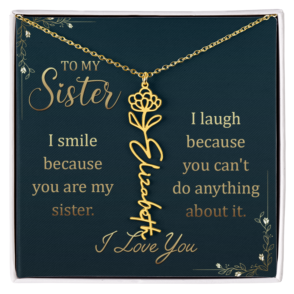 Flower Name Necklace for Sister – Custom Birth Flower Jewelry Gift with Funny Quote Card, Personalized Jewelry for Her