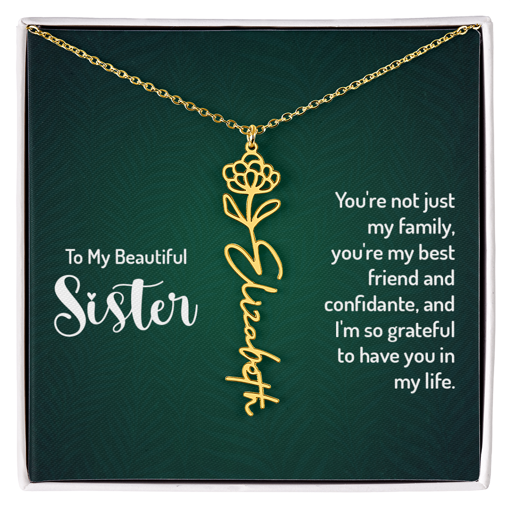 Sister Flower Name Necklace – Personalized Birth Flower Jewelry Gift with Quote Card