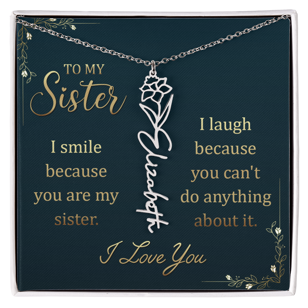 Flower Name Necklace for Sister – Custom Birth Flower Jewelry Gift with Funny Quote Card, Personalized Jewelry for Her