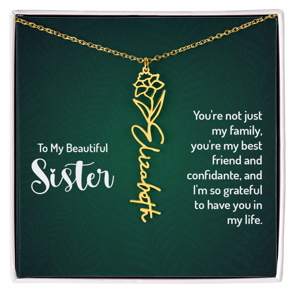 Sister Flower Name Necklace – Personalized Birth Flower Jewelry Gift with Quote Card
